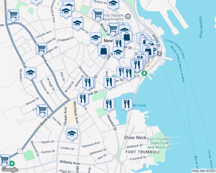 map of restaurants, bars, coffee shops, grocery stores, and more near 463 Bank Street in New London