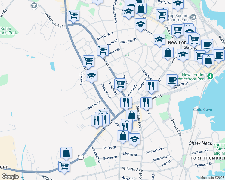 map of restaurants, bars, coffee shops, grocery stores, and more near 18 West High Street in New London