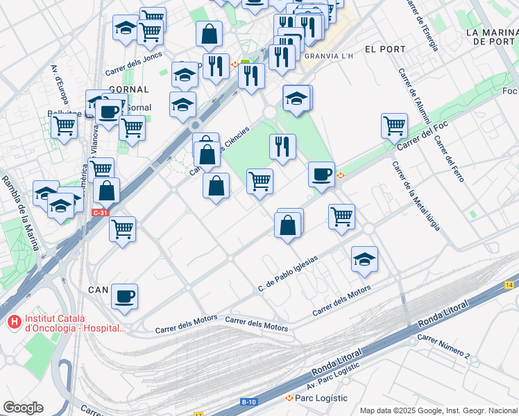 map of restaurants, bars, coffee shops, grocery stores, and more near 31 Local 1 Carrer de Montserrat Roig in L'Hospitalet de Llobregat