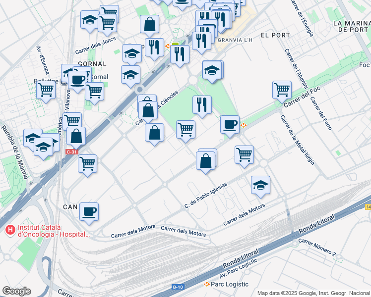 map of restaurants, bars, coffee shops, grocery stores, and more near 31 Local 1 Carrer de Montserrat Roig in L'Hospitalet de Llobregat