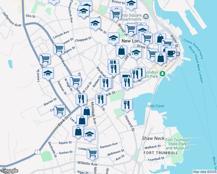 map of restaurants, bars, coffee shops, grocery stores, and more near 45 Truman Street in New London