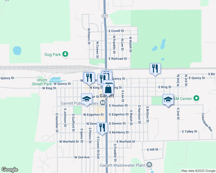 map of restaurants, bars, coffee shops, grocery stores, and more near 101 North Randolph Street in Garrett