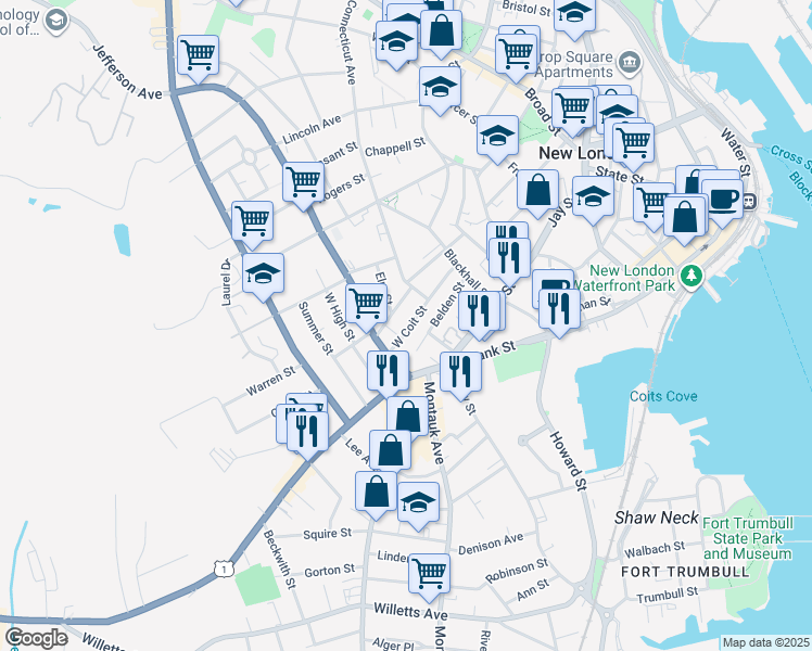 map of restaurants, bars, coffee shops, grocery stores, and more near 69 West Coit Street in New London