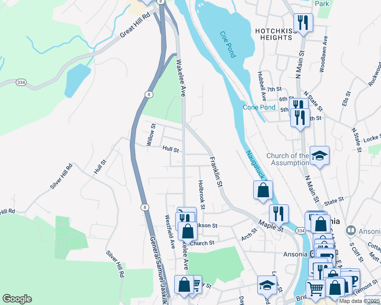 map of restaurants, bars, coffee shops, grocery stores, and more near 40 Riggs Street in Ansonia