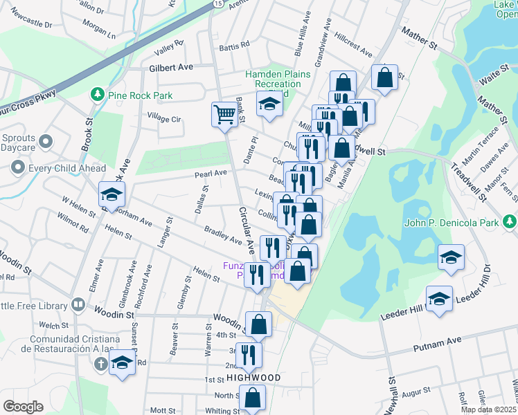 map of restaurants, bars, coffee shops, grocery stores, and more near 67 Collins Street in Hamden