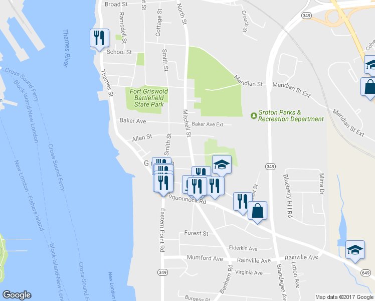 map of restaurants, bars, coffee shops, grocery stores, and more near 245 Mitchell St in Groton