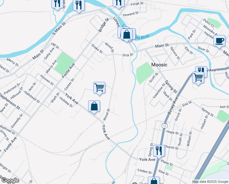 map of restaurants, bars, coffee shops, grocery stores, and more near 940 Wood St in Old Forge