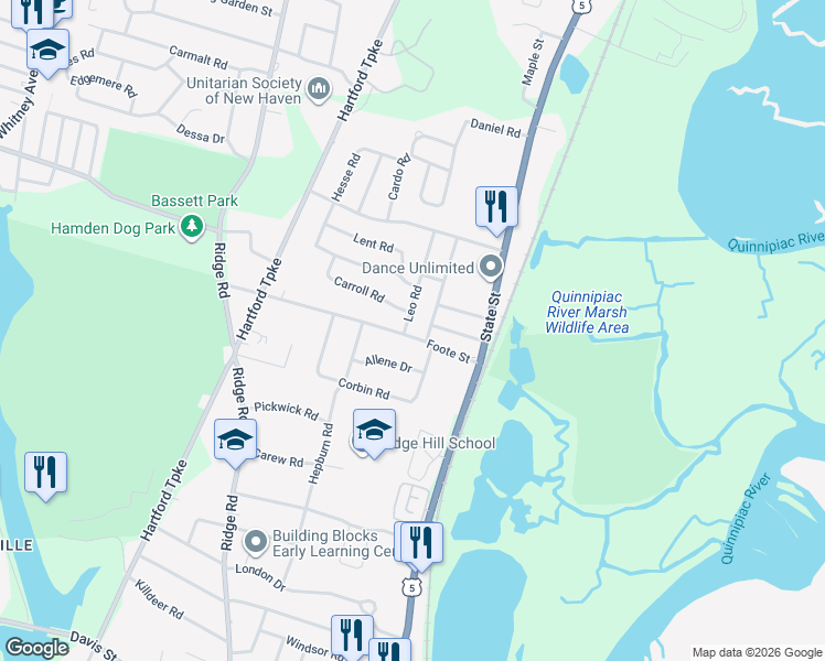 map of restaurants, bars, coffee shops, grocery stores, and more near 77 Foote Street in Hamden