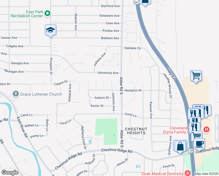 map of restaurants, bars, coffee shops, grocery stores, and more near 466 Hampton Drive in Elyria