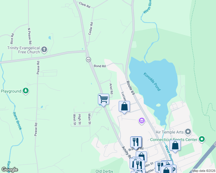 map of restaurants, bars, coffee shops, grocery stores, and more near 12 Ariel Road in Woodbridge