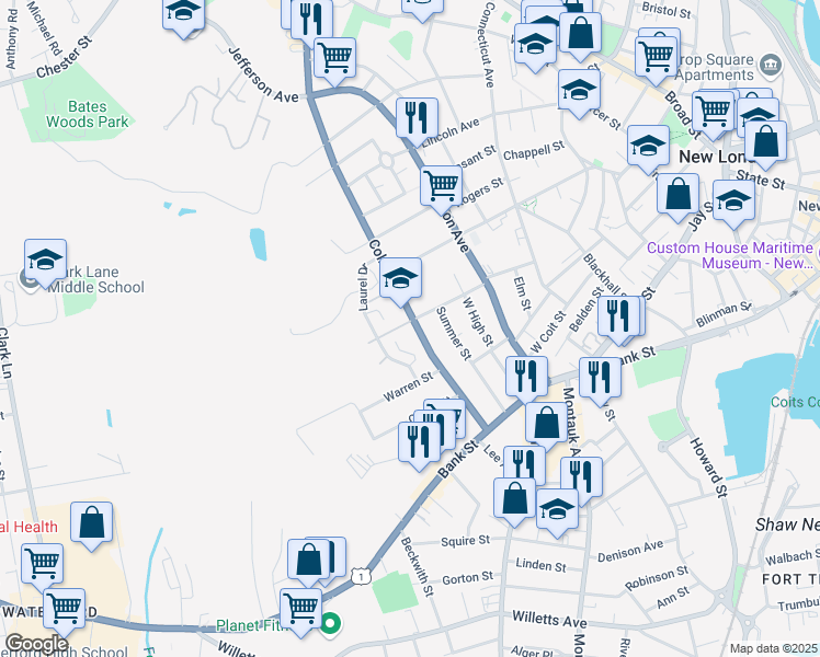 map of restaurants, bars, coffee shops, grocery stores, and more near 74 Redden Avenue in New London
