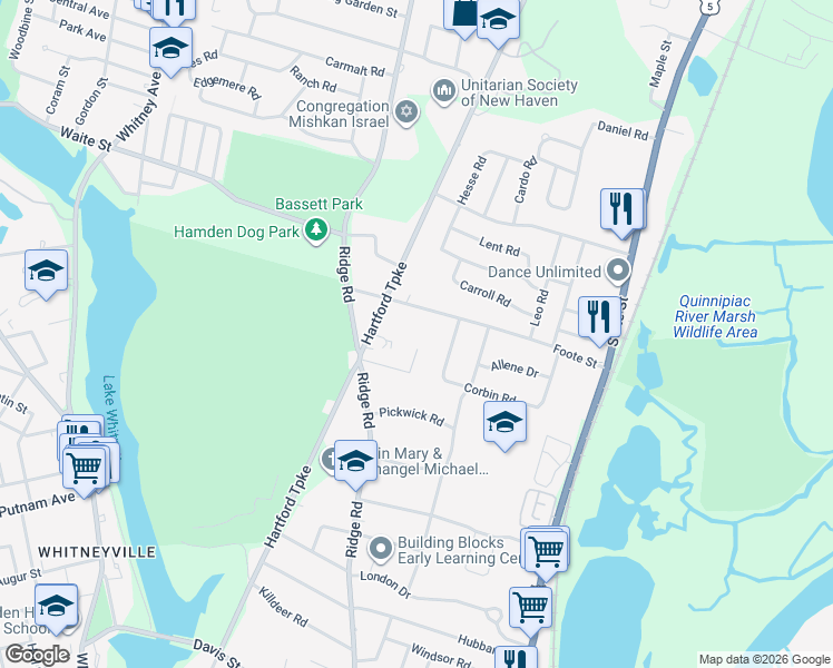 map of restaurants, bars, coffee shops, grocery stores, and more near 105 Robinwood Road in Hamden