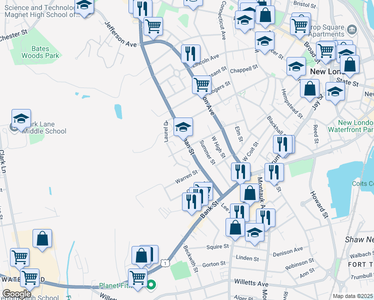 map of restaurants, bars, coffee shops, grocery stores, and more near 86 Redden Avenue in New London