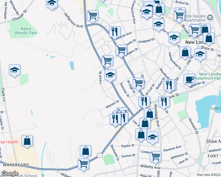 map of restaurants, bars, coffee shops, grocery stores, and more near 86 Redden Avenue in New London