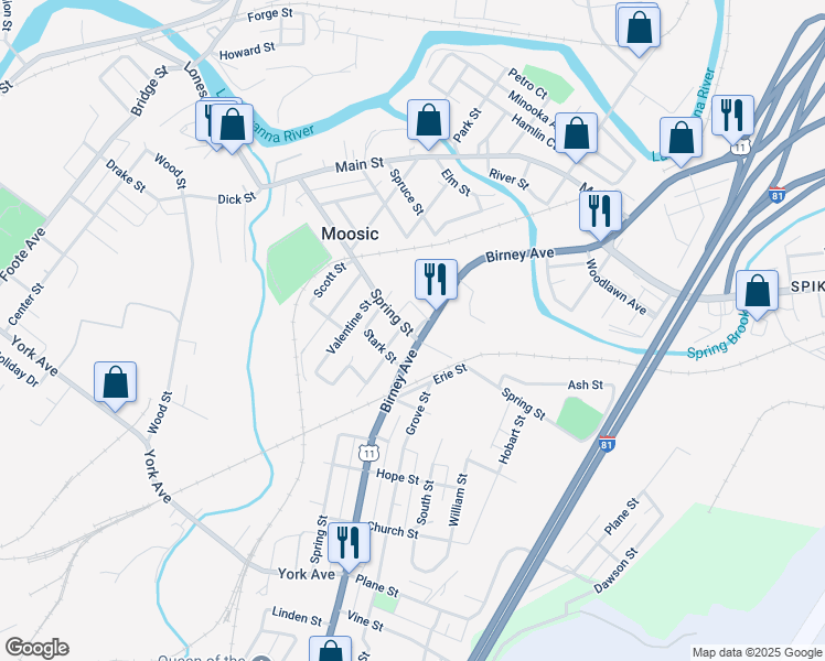 map of restaurants, bars, coffee shops, grocery stores, and more near 98-101 Drake St in Moosic