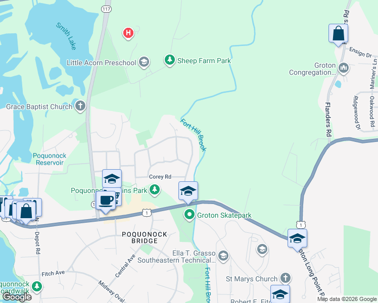 map of restaurants, bars, coffee shops, grocery stores, and more near 119 Ring Drive in Groton