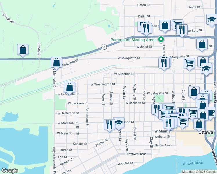 map of restaurants, bars, coffee shops, grocery stores, and more near 1203 West Washington Street in Ottawa
