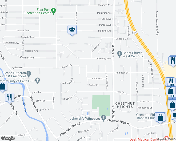 map of restaurants, bars, coffee shops, grocery stores, and more near 402 Hampton Drive in Elyria