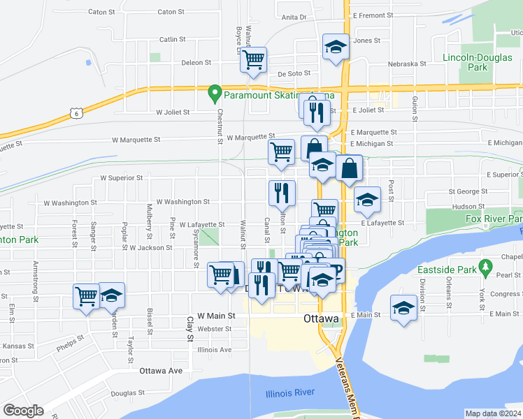 map of restaurants, bars, coffee shops, grocery stores, and more near 1023 Canal Street in Ottawa