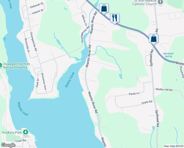 map of restaurants, bars, coffee shops, grocery stores, and more near 219 Niantic River Rd in Waterford