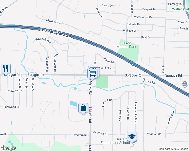 map of restaurants, bars, coffee shops, grocery stores, and more near 22707 Sprague Road in Strongsville