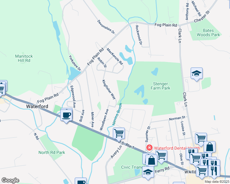 map of restaurants, bars, coffee shops, grocery stores, and more near 19 Kingfisher Way in Waterford