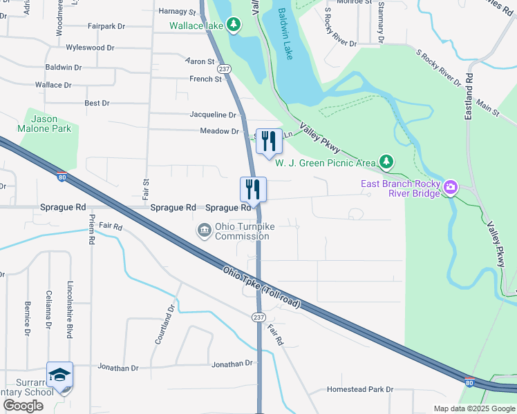 map of restaurants, bars, coffee shops, grocery stores, and more near Prospect St & W Sprague Rd in Berea