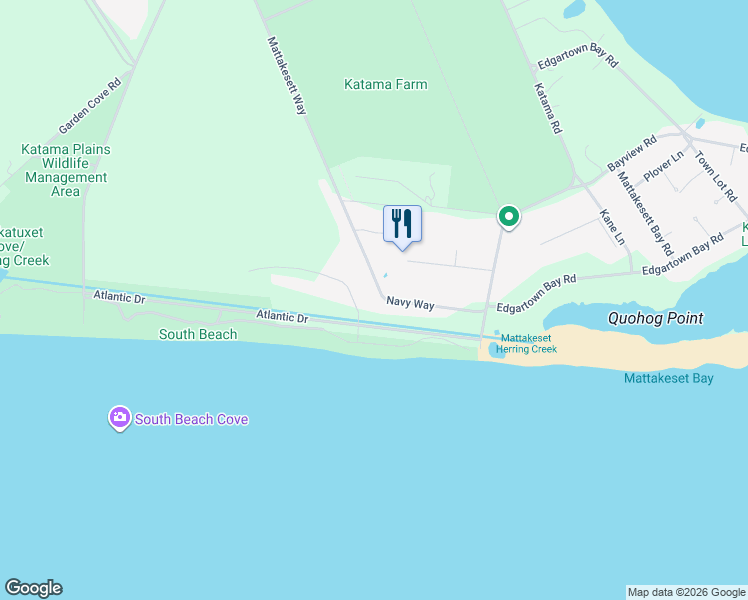 map of restaurants, bars, coffee shops, grocery stores, and more near 102 Mattakesett Way in Edgartown