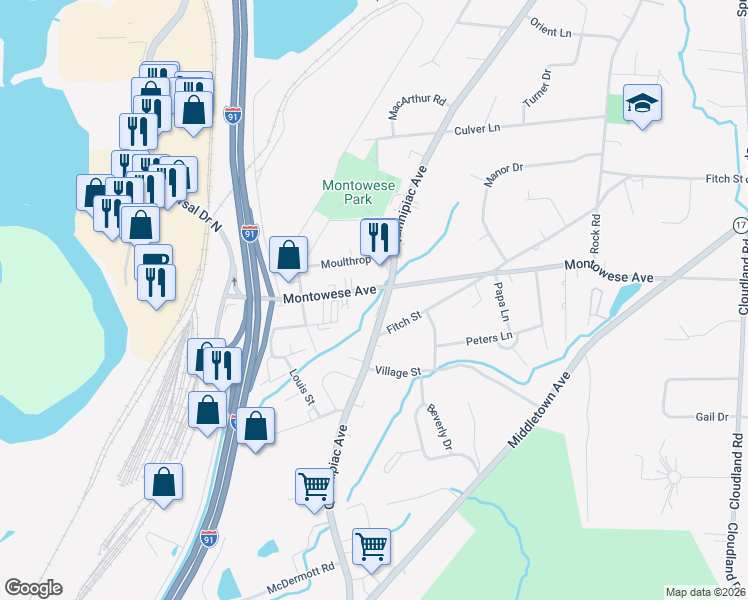map of restaurants, bars, coffee shops, grocery stores, and more near 224 Quinnipiac Avenue in North Haven