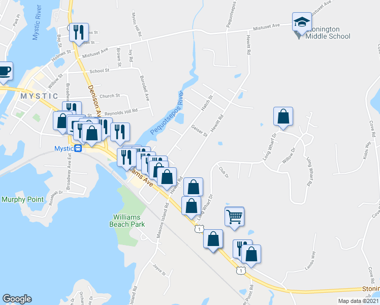 map of restaurants, bars, coffee shops, grocery stores, and more near 45 Hewitt Road in Stonington