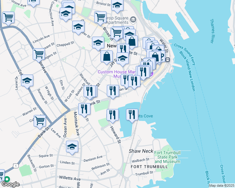 map of restaurants, bars, coffee shops, grocery stores, and more near 419 Bank Street in New London
