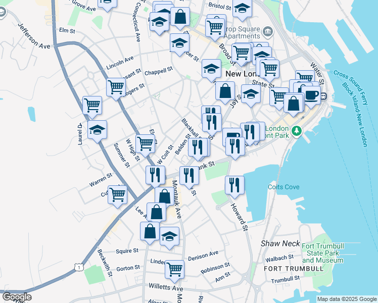 map of restaurants, bars, coffee shops, grocery stores, and more near 16 Truman Street in New London