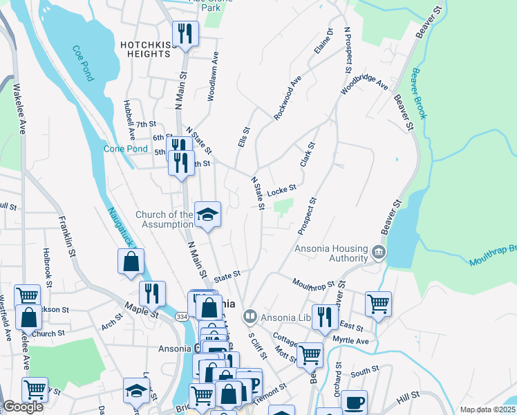 map of restaurants, bars, coffee shops, grocery stores, and more near 63 Pleasant Street in Ansonia