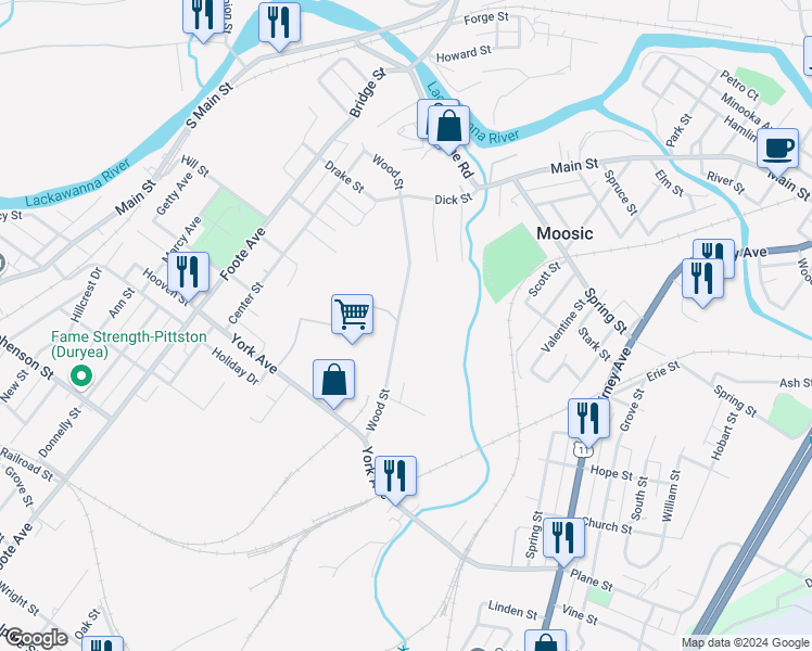 map of restaurants, bars, coffee shops, grocery stores, and more near 940 Wood St in Old Forge