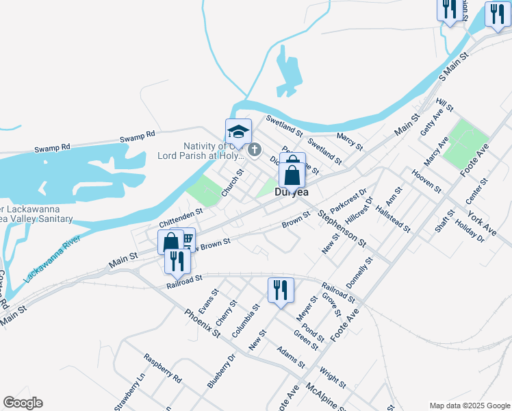 map of restaurants, bars, coffee shops, grocery stores, and more near 261 Main Street in Duryea