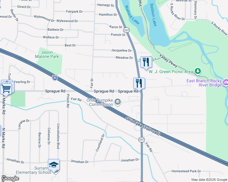 map of restaurants, bars, coffee shops, grocery stores, and more near 87 Sprague Road in Berea