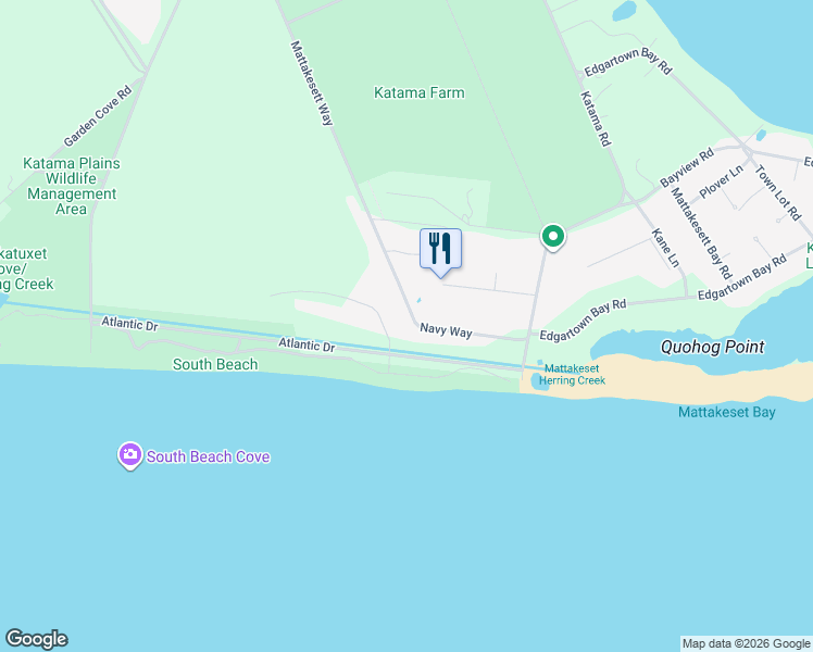 map of restaurants, bars, coffee shops, grocery stores, and more near 102 Mattakesett Way in Edgartown