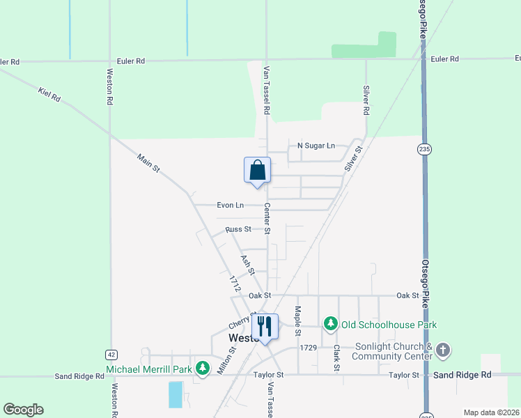 map of restaurants, bars, coffee shops, grocery stores, and more near 13505 Center Street in Weston