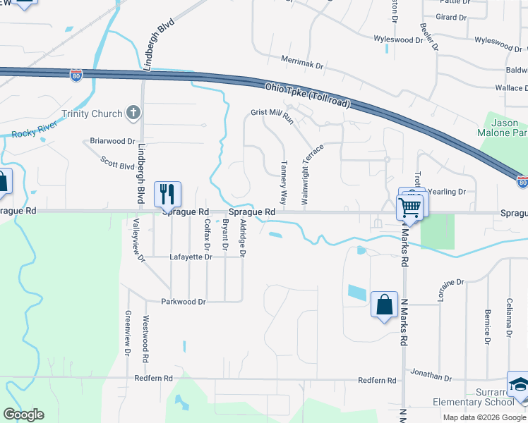 map of restaurants, bars, coffee shops, grocery stores, and more near 23696 Sprague Road in Olmsted Falls