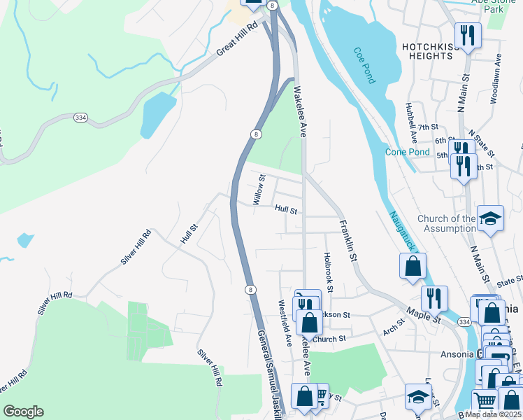 map of restaurants, bars, coffee shops, grocery stores, and more near 29 Hull Street in Ansonia