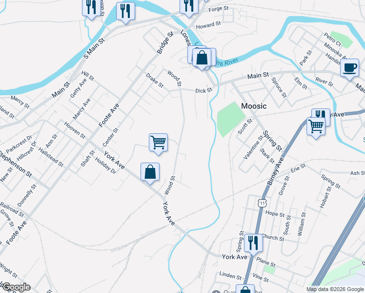 map of restaurants, bars, coffee shops, grocery stores, and more near 940 Wood St in Old Forge