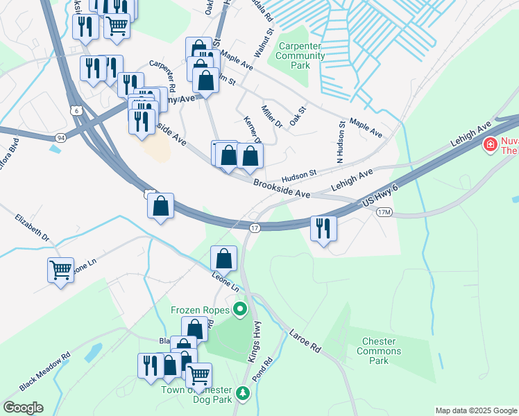 map of restaurants, bars, coffee shops, grocery stores, and more near 35 Kings Highway in Chester