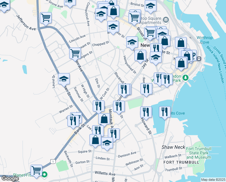 map of restaurants, bars, coffee shops, grocery stores, and more near 16 Truman Street in New London