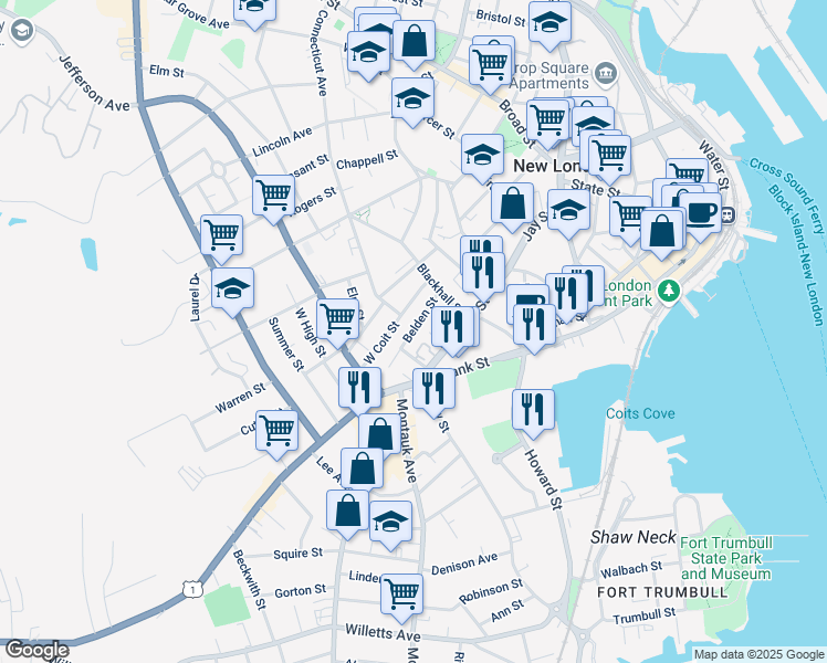 map of restaurants, bars, coffee shops, grocery stores, and more near 16 Truman Street in New London