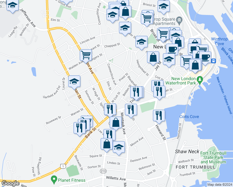 map of restaurants, bars, coffee shops, grocery stores, and more near 65 West Coit Street in New London