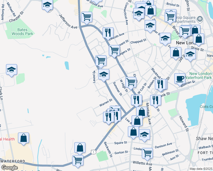 map of restaurants, bars, coffee shops, grocery stores, and more near 86 Redden Avenue in New London