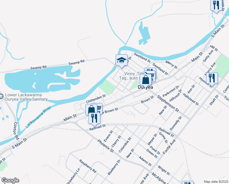 map of restaurants, bars, coffee shops, grocery stores, and more near 148 Short St in Duryea