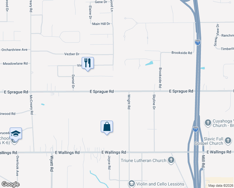 map of restaurants, bars, coffee shops, grocery stores, and more near 3702 East Sprague Road in Broadview Heights