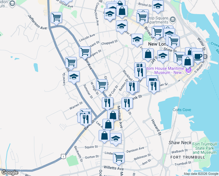 map of restaurants, bars, coffee shops, grocery stores, and more near 28 Grand Street in New London