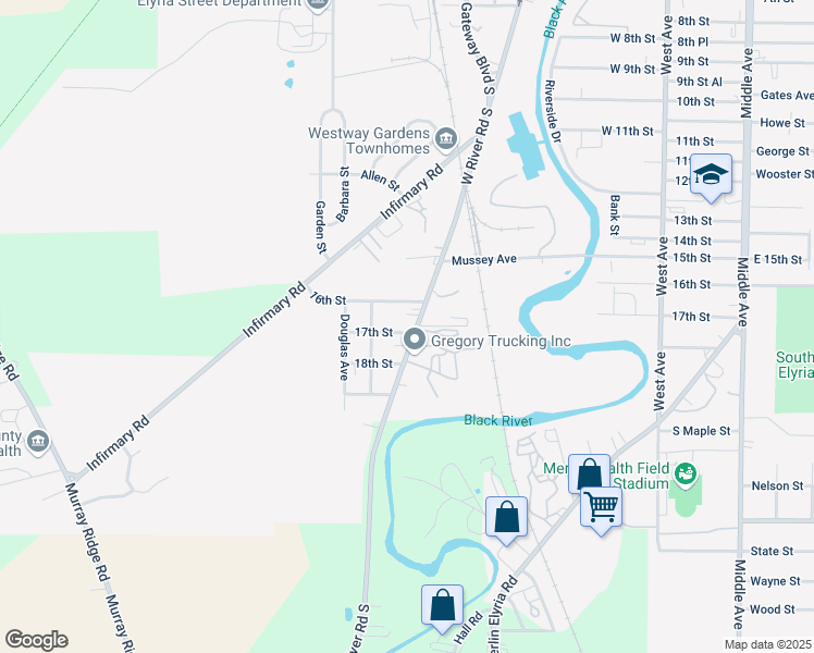 map of restaurants, bars, coffee shops, grocery stores, and more near 7621 West River Road South in Elyria